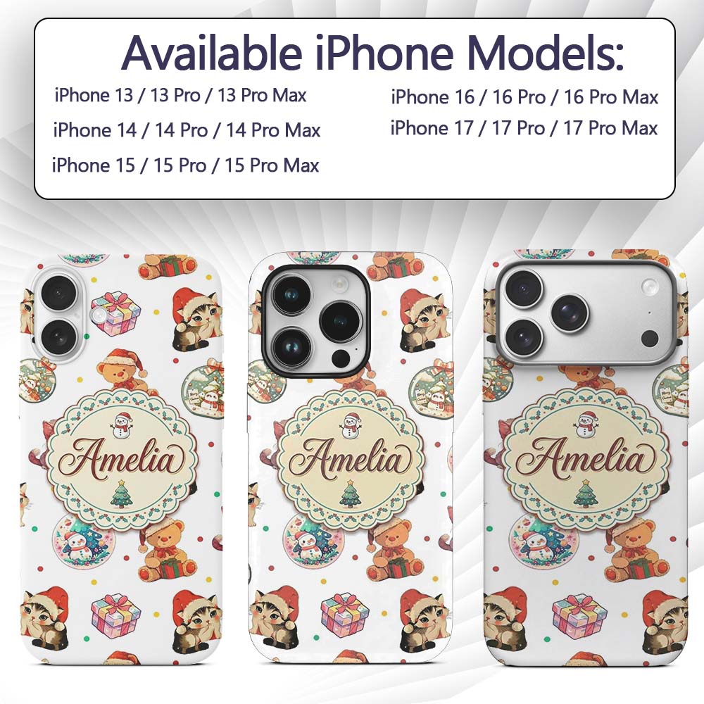 Cute Christmas Cat Teddy Bear Baubles on White Custom Name Protective Phone Case Mobile Cover Durable Everyday Smartphone Shock Resistant