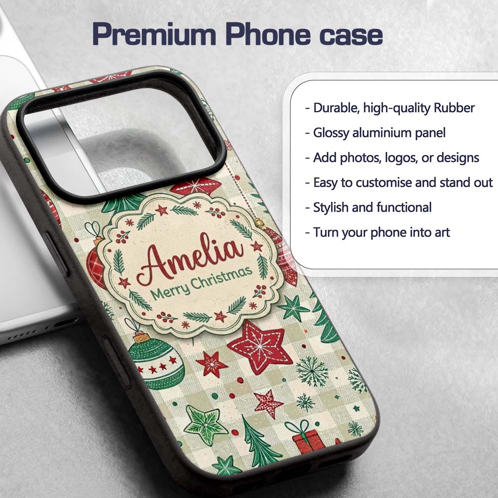Christmas Ornaments Trees Snowflakes Checkered Custom Name Protective Phone Case Mobile Cover Durable Everyday Smartphone Shock Resistant