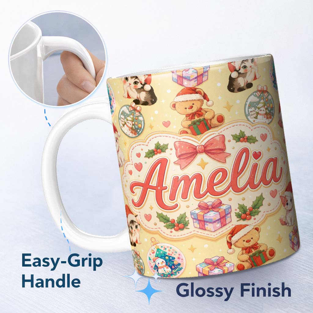 Personalized Custom Name Cute Christmas Cat Teddy Bear Baubles on Warm Beige Background 11oz Ceramic Coffee Tea Mug White Large Handle