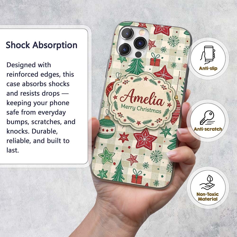 Christmas Ornaments Trees Snowflakes Checkered Custom Name Protective Phone Case Mobile Cover Durable Everyday Smartphone Shock Resistant