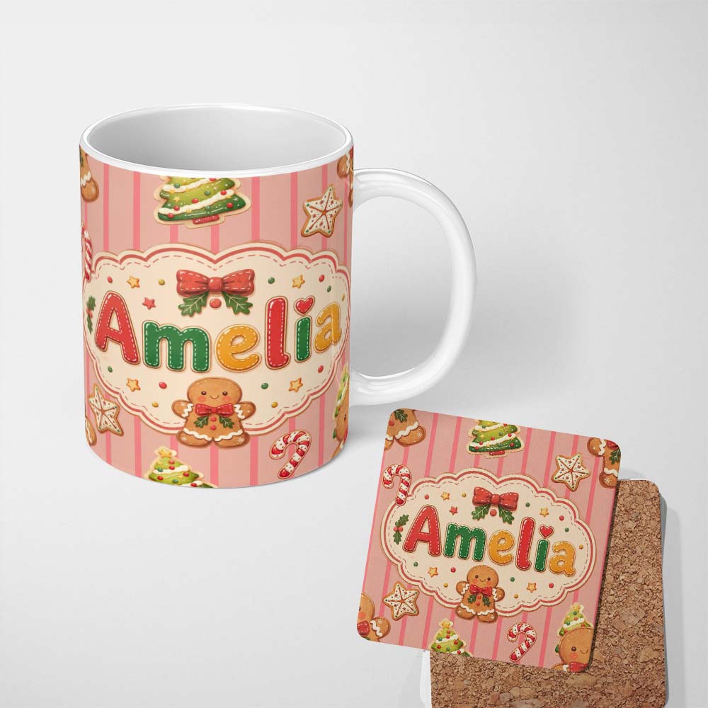 Personalized Custom Name Gingerbread Man Cookies Candy Cane on Pink Stripe Background 11oz Ceramic Coffee Tea Mug White Large Handle