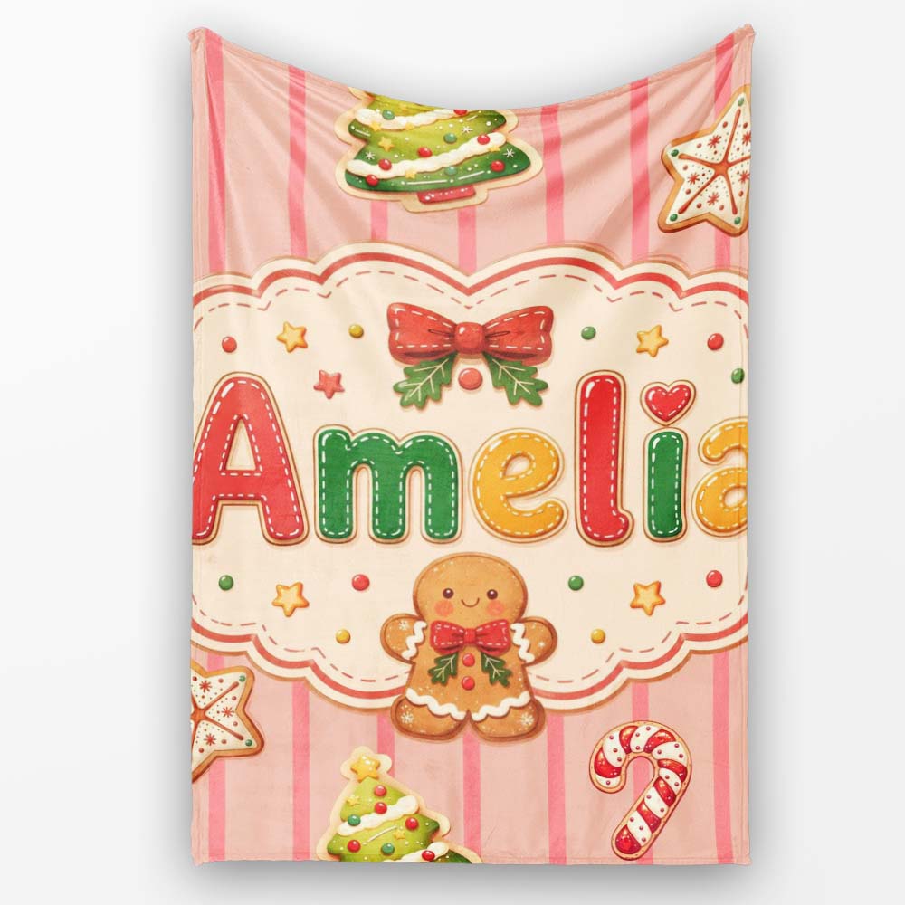 Gingerbread Man Cookies Candy Cane on Pink Stripe Background Personalised Custom Name Super Soft Fleece Blanket Bed Sofa Throw
