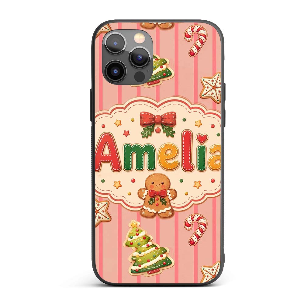 Gingerbread Man Cookies Candy Cane on Pink Stripe Custom Name Protective Phone Case Mobile Cover Durable Everyday Smartphone Shock Resistant