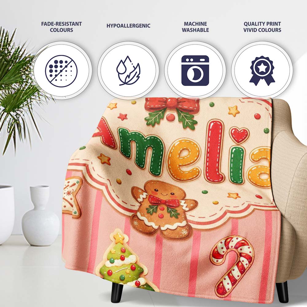 Gingerbread Man Cookies Candy Cane on Pink Stripe Background Personalised Custom Name Super Soft Fleece Blanket Bed Sofa Throw