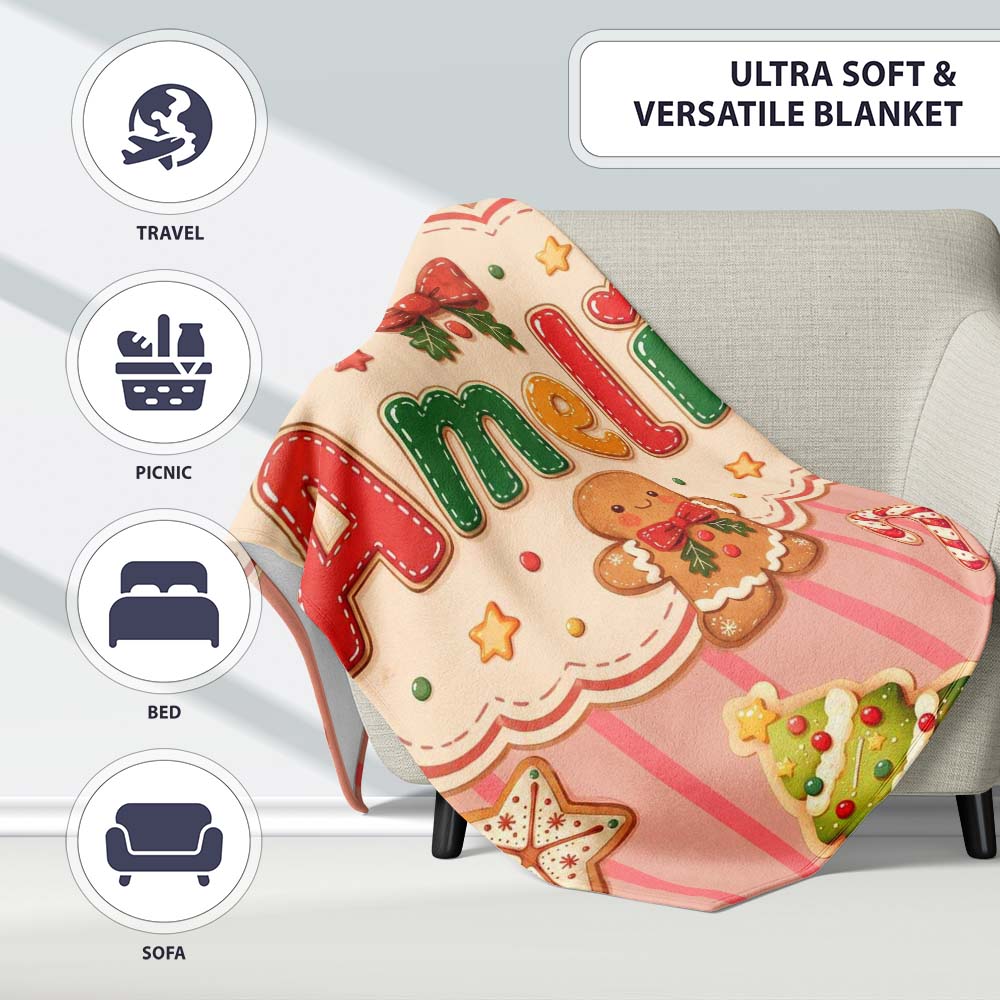 Gingerbread Man Cookies Candy Cane on Pink Stripe Background Personalised Custom Name Super Soft Fleece Blanket Bed Sofa Throw