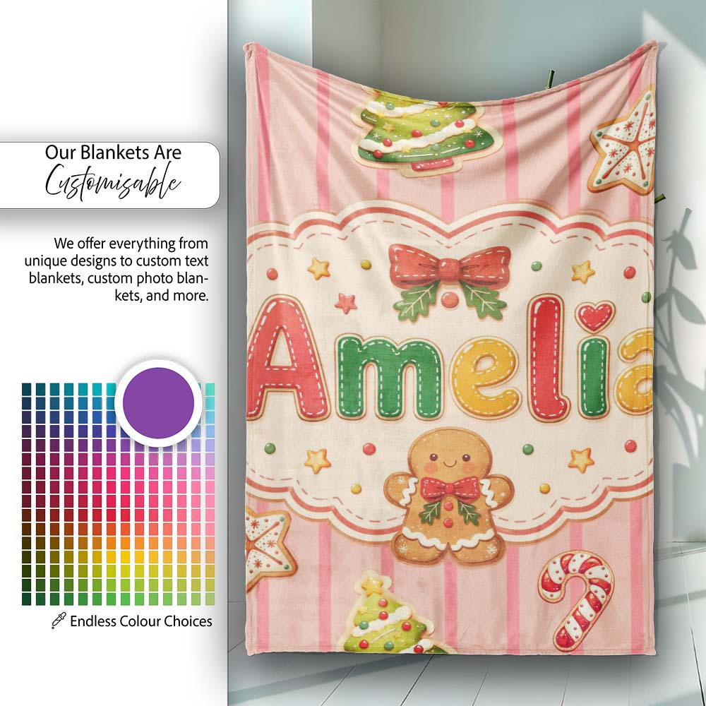 Gingerbread Man Cookies Candy Cane on Pink Stripe Background Personalised Custom Name Super Soft Fleece Blanket Bed Sofa Throw
