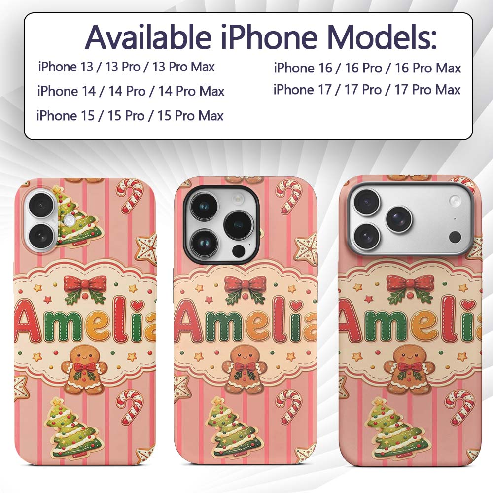 Gingerbread Man Cookies Candy Cane on Pink Stripe Custom Name Protective Phone Case Mobile Cover Durable Everyday Smartphone Shock Resistant