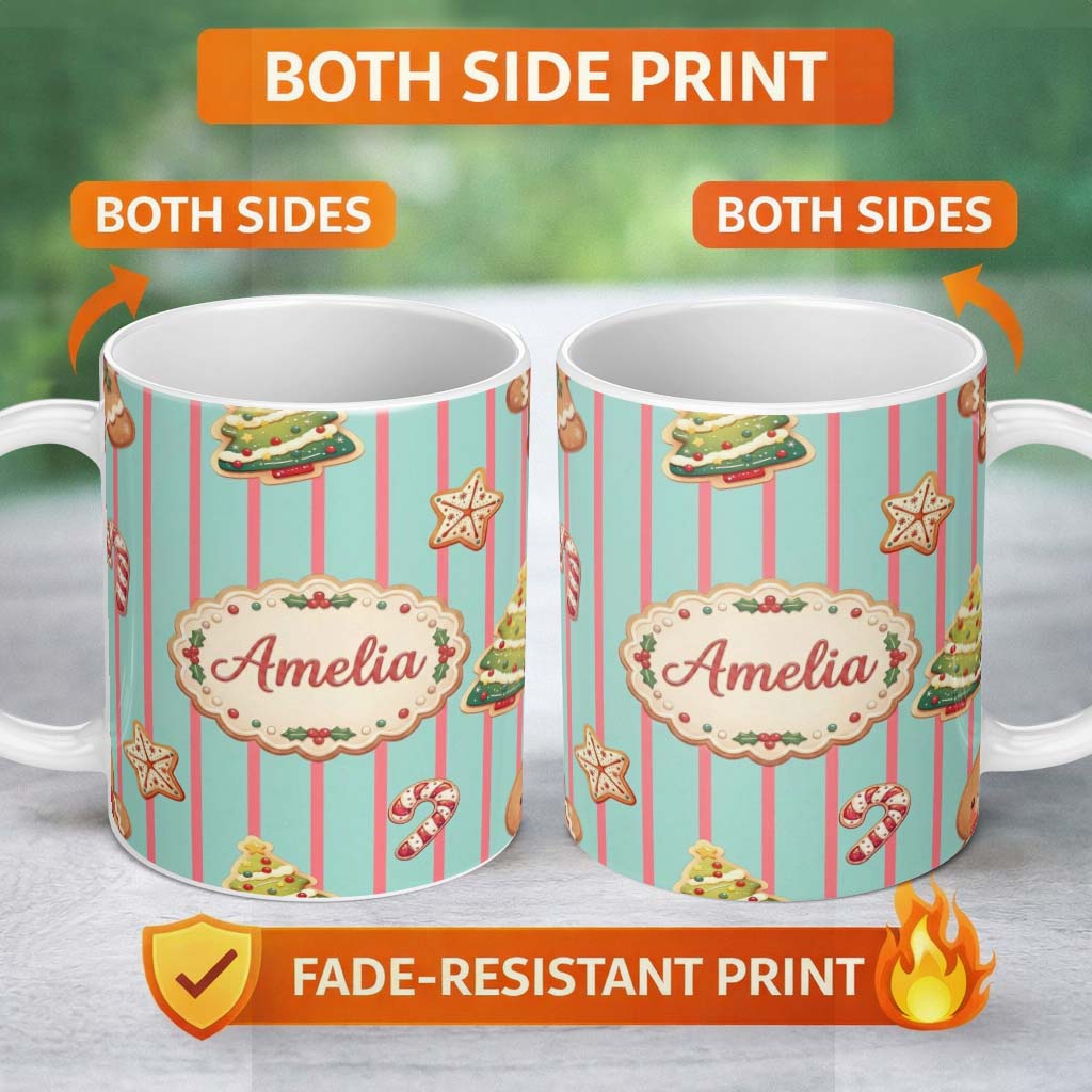 Personalized Custom Name Gingerbread Man Cookies Candy Cane on Mint Stripe Background 11oz Ceramic Coffee Tea Mug White Large Handle