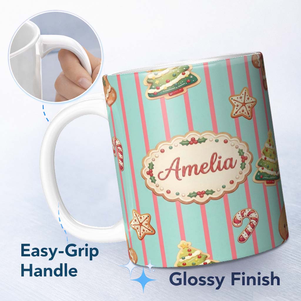 Personalized Custom Name Gingerbread Man Cookies Candy Cane on Mint Stripe Background 11oz Ceramic Coffee Tea Mug White Large Handle