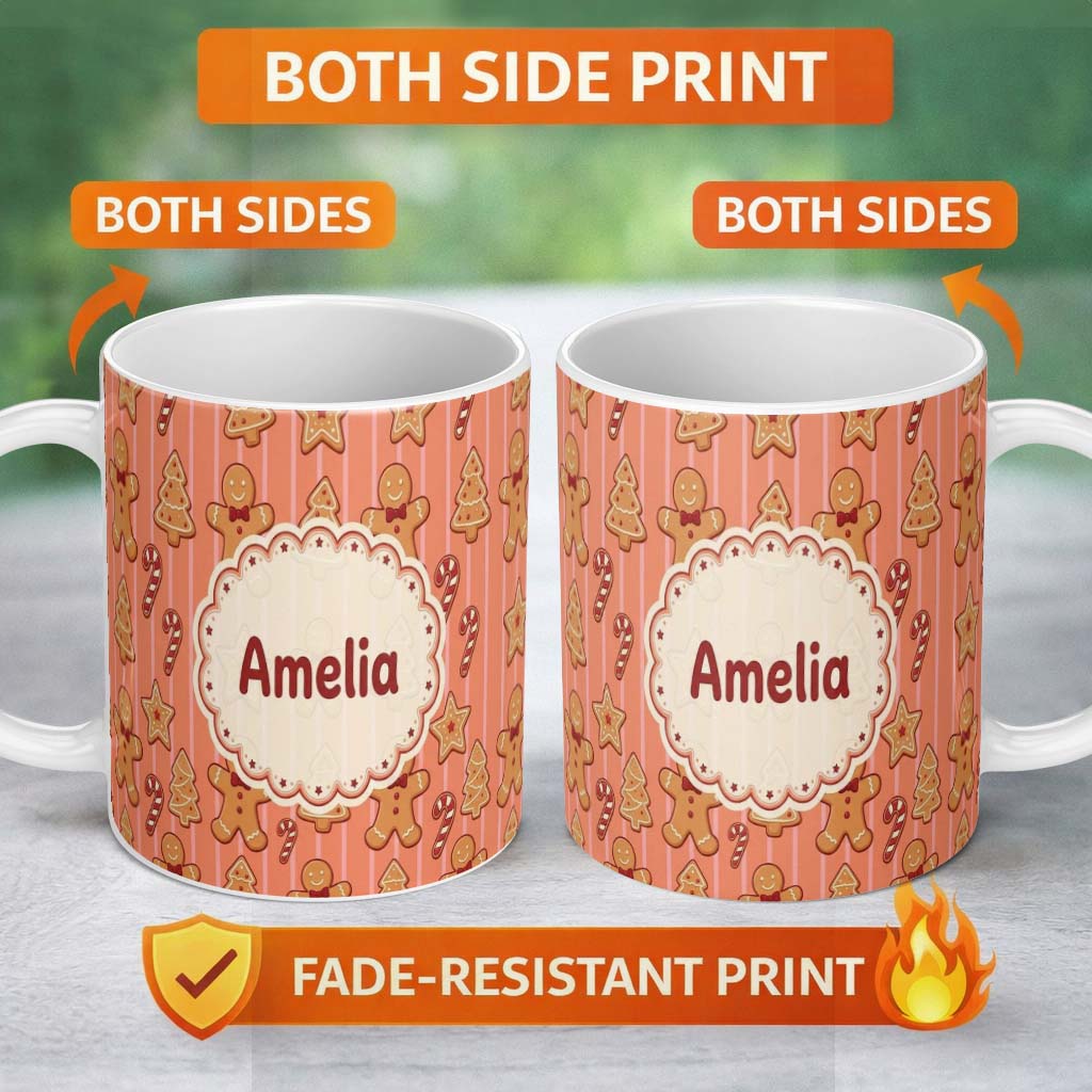 Personalized Custom Name Gingerbread Man Cookies Candy Cane on Orange Stripe Background 11oz Ceramic Coffee Tea Mug White Large Handle