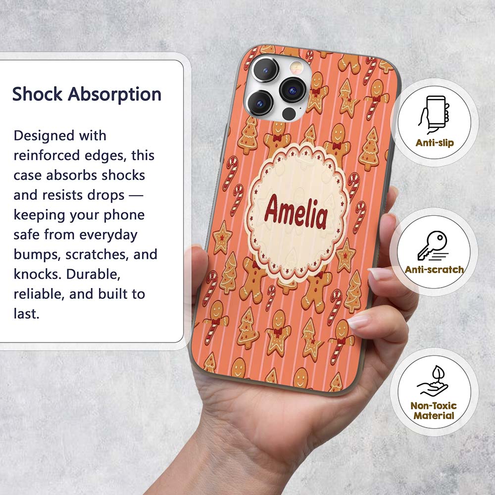 Gingerbread Man Cookies Candy Cane on Orange Custom Name Protective Phone Case Mobile Cover Durable Everyday Smartphone Shock Resistant