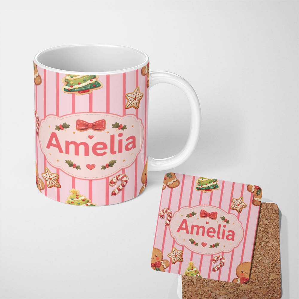 Personalized Custom Name Gingerbread Man Cookies on Soft Blush Pink Stripe Background 11oz Ceramic Coffee Tea Mug White Large Handle
