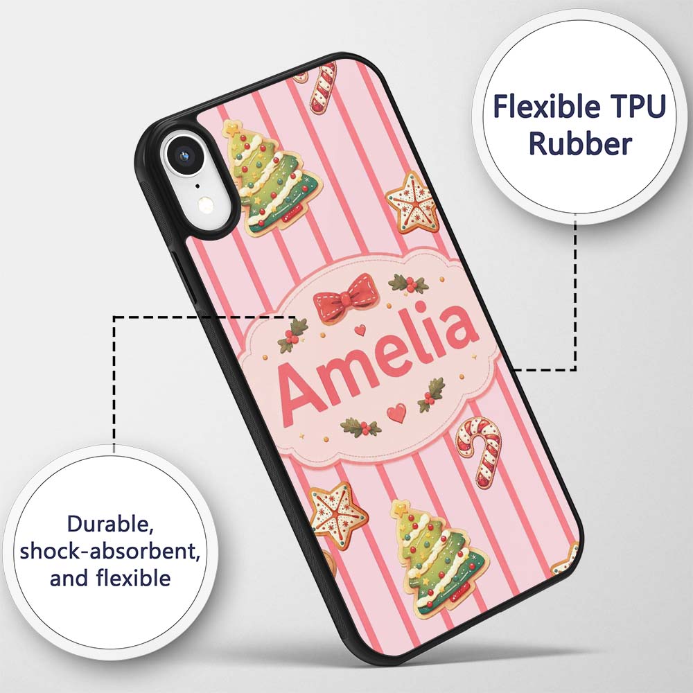 Gingerbread Man Cookies on Soft Blush Pink Stripe Custom Name Protective Phone Case Mobile Cover Durable Everyday Smartphone Shock Resistant