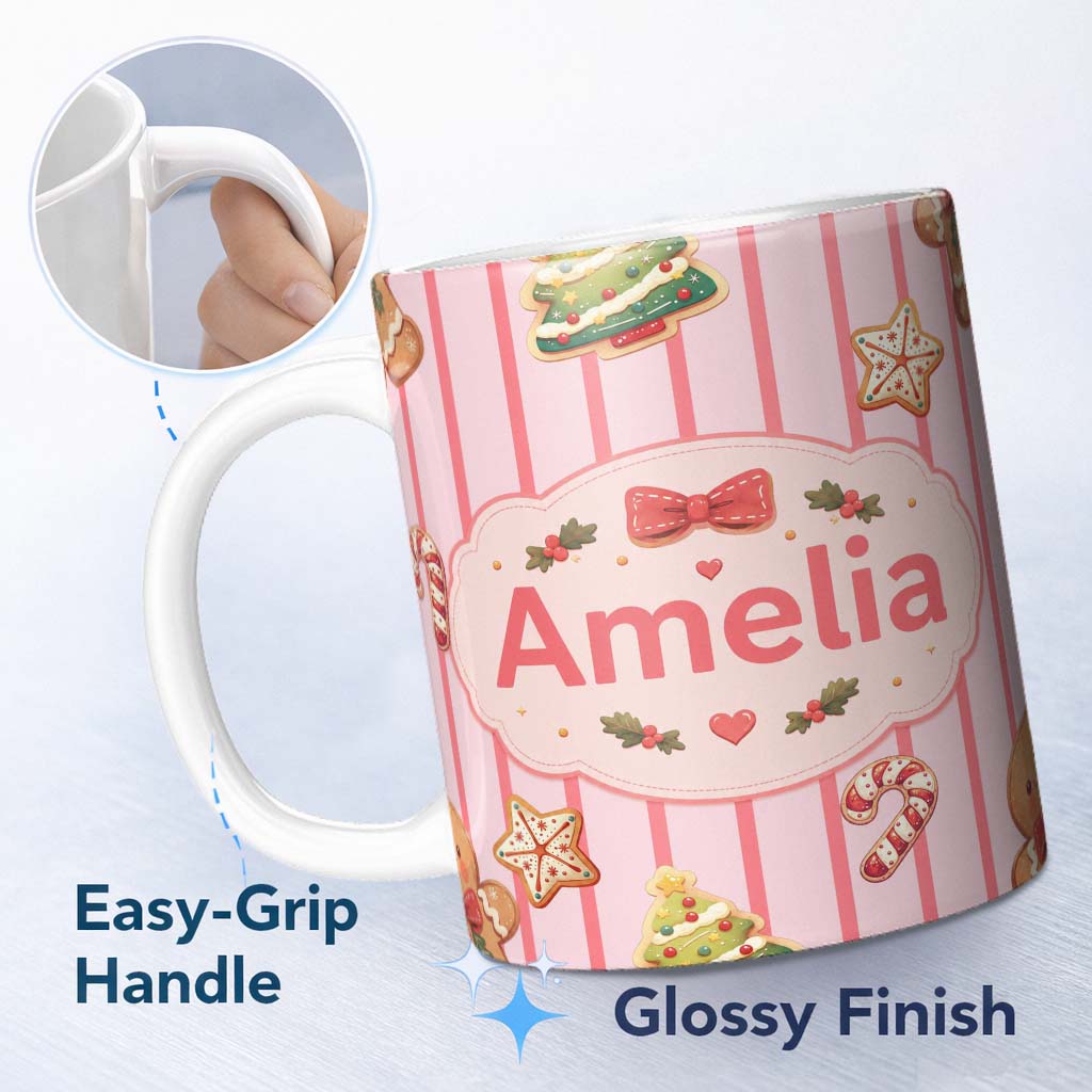 Personalized Custom Name Gingerbread Man Cookies on Soft Blush Pink Stripe Background 11oz Ceramic Coffee Tea Mug White Large Handle
