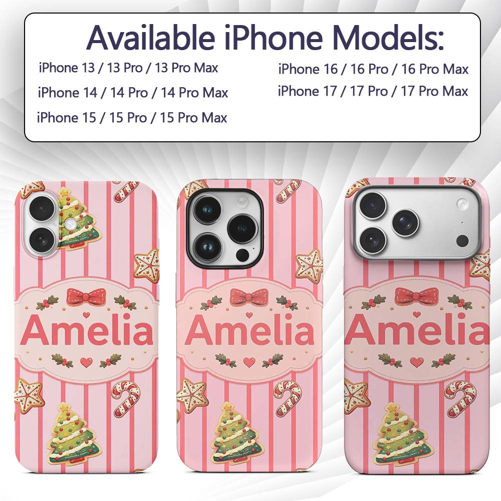 Gingerbread Man Cookies on Soft Blush Pink Stripe Custom Name Protective Phone Case Mobile Cover Durable Everyday Smartphone Shock Resistant