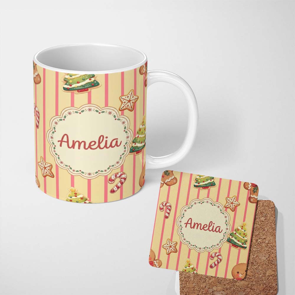 Personalized Custom Name Gingerbread Man Cookies Candy Cane on Cream Beige Stripe Background 11oz Ceramic Coffee Tea Mug White Large Handle