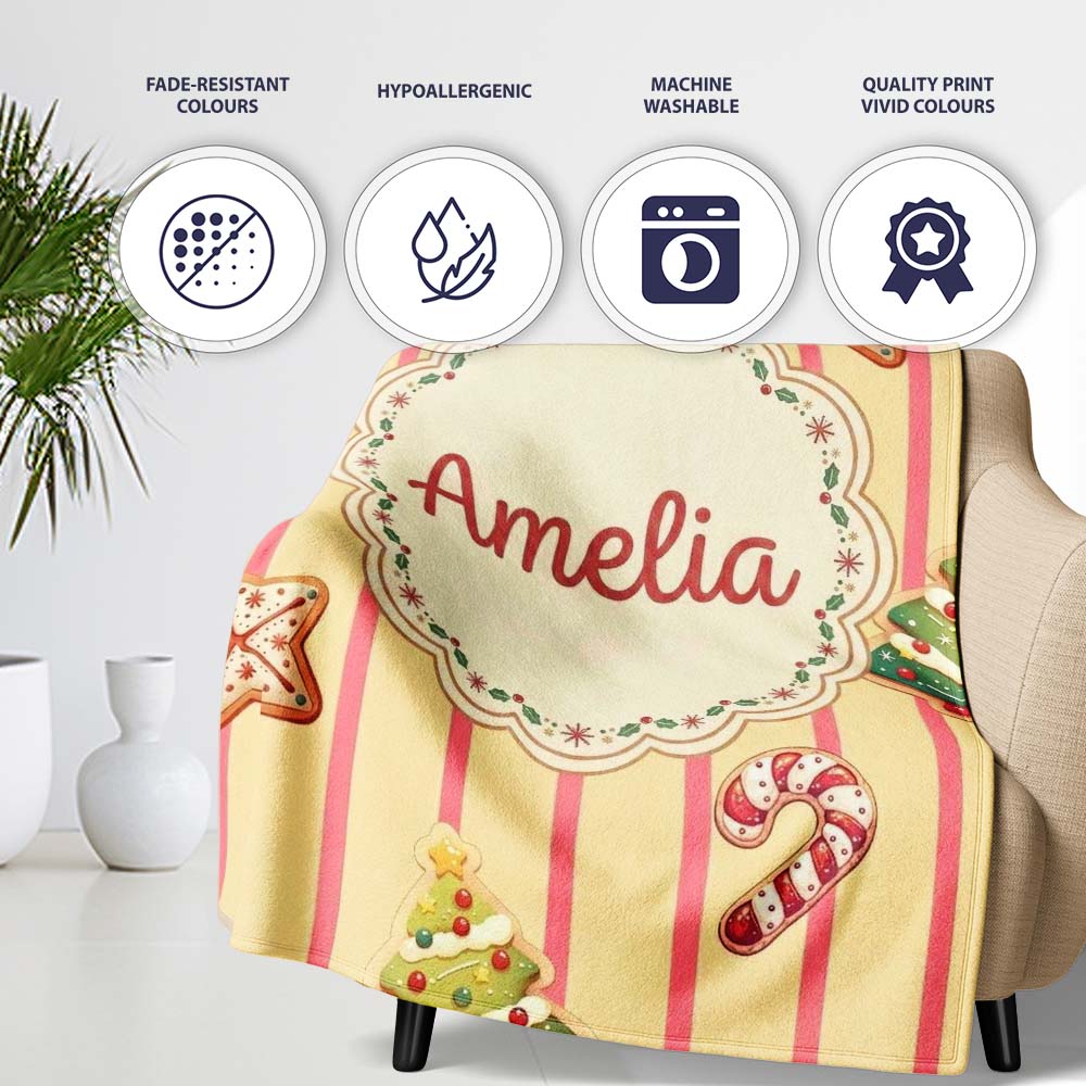 Gingerbread Man Cookies Candy Cane on Cream Beige Stripe Background Personalised Custom Name Super Soft Fleece Blanket Bed Sofa Throw