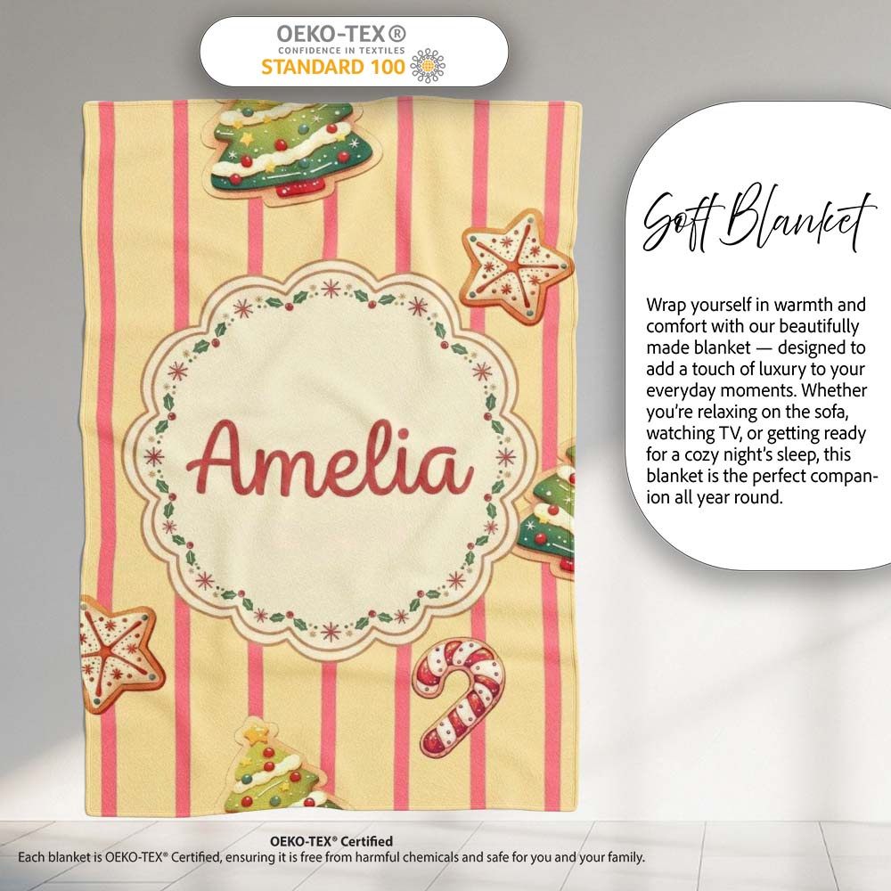 Gingerbread Man Cookies Candy Cane on Cream Beige Stripe Background Personalised Custom Name Super Soft Fleece Blanket Bed Sofa Throw
