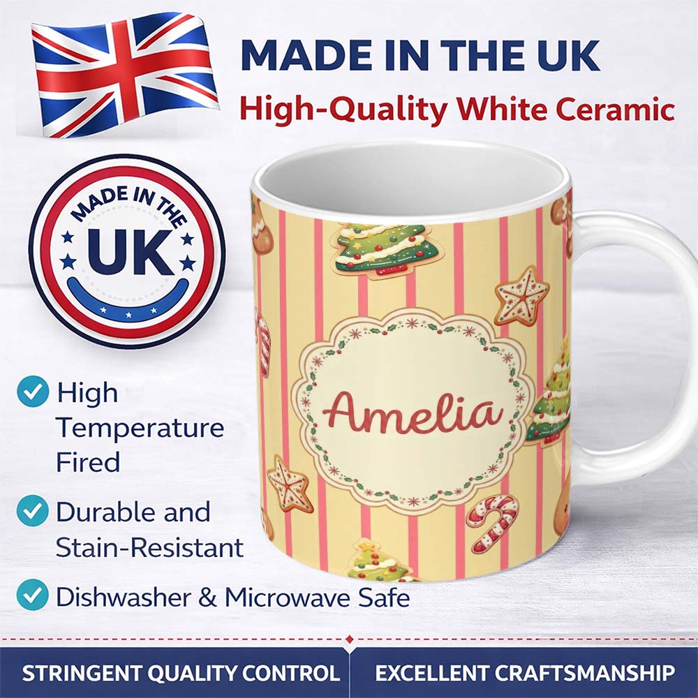 Personalized Custom Name Gingerbread Man Cookies Candy Cane on Cream Beige Stripe Background 11oz Ceramic Coffee Tea Mug White Large Handle