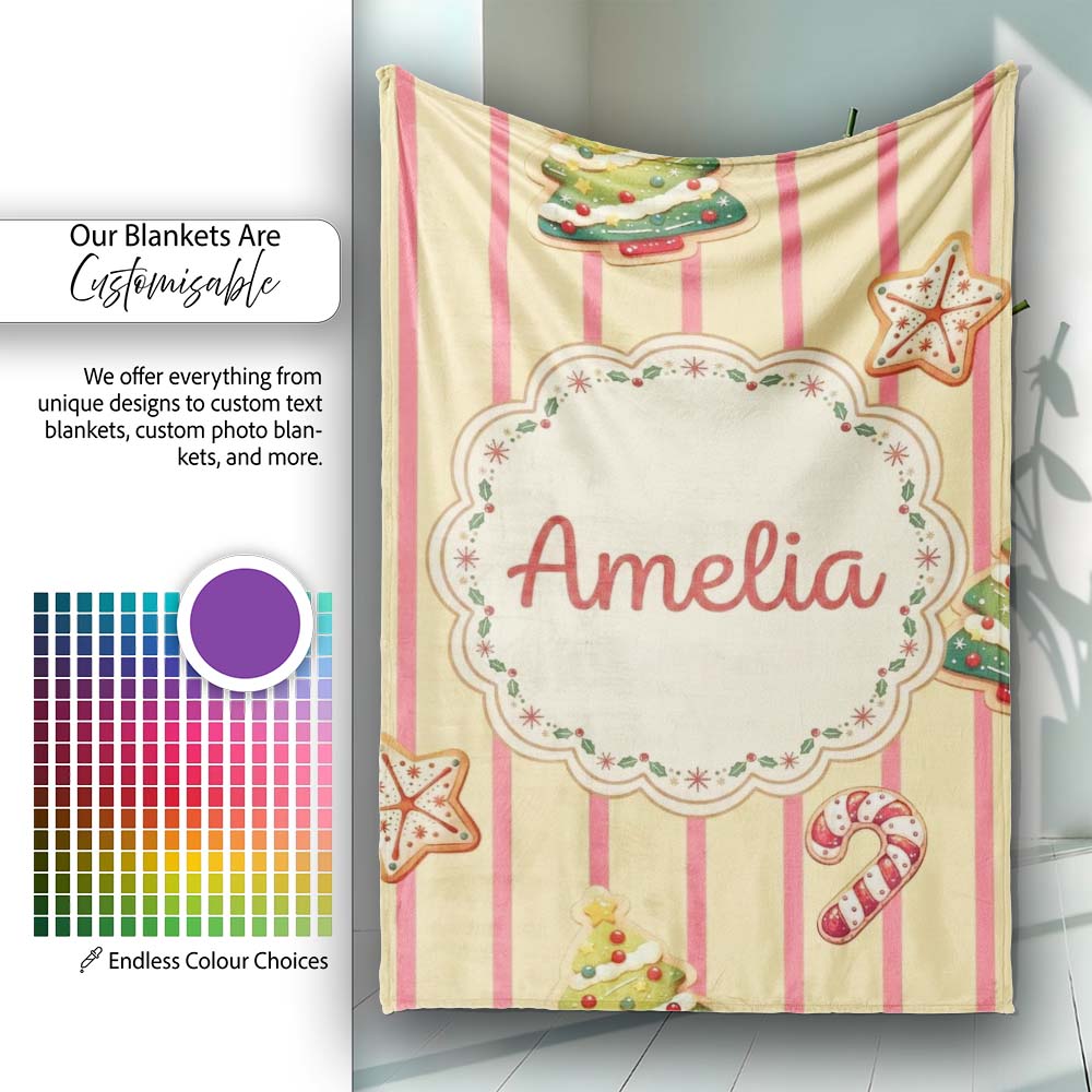 Gingerbread Man Cookies Candy Cane on Cream Beige Stripe Background Personalised Custom Name Super Soft Fleece Blanket Bed Sofa Throw