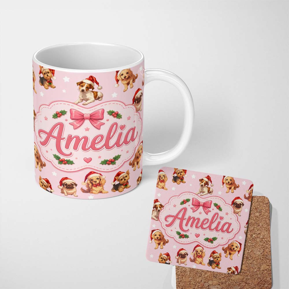 Personalized Custom Name Christmas Puppies Santa Hat on Pastel Pink Star Background Seamless 11oz Ceramic Coffee Tea Mug White Large Handle