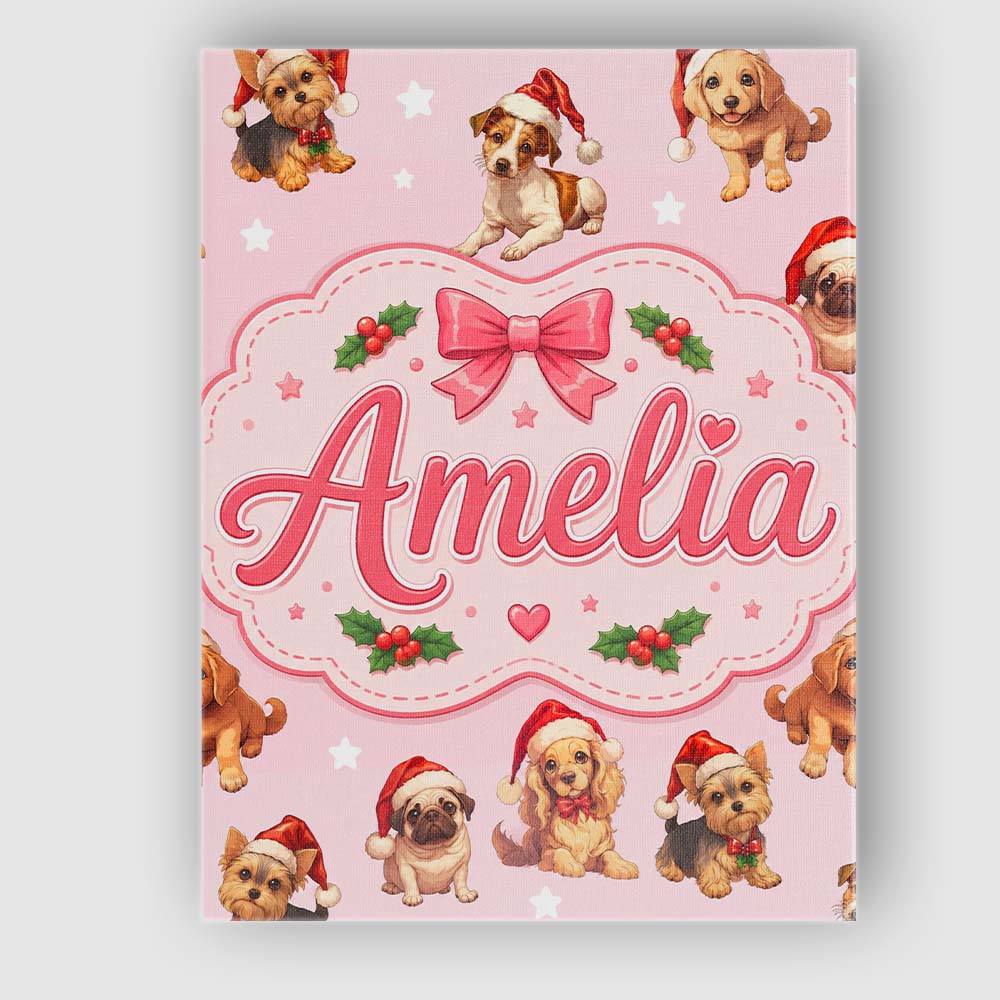 Personalised Name Christmas Puppies Santa Custom Unique Gift Idea Elegant Feature Canvas Wall Art Print Decor Picture Ready to Hang
