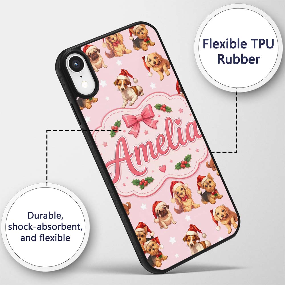 Christmas Puppies Santa Hat on Pastel Pink Star Custom Name Protective Phone Case Mobile Cover Durable Everyday Smartphone Shock Resistant
