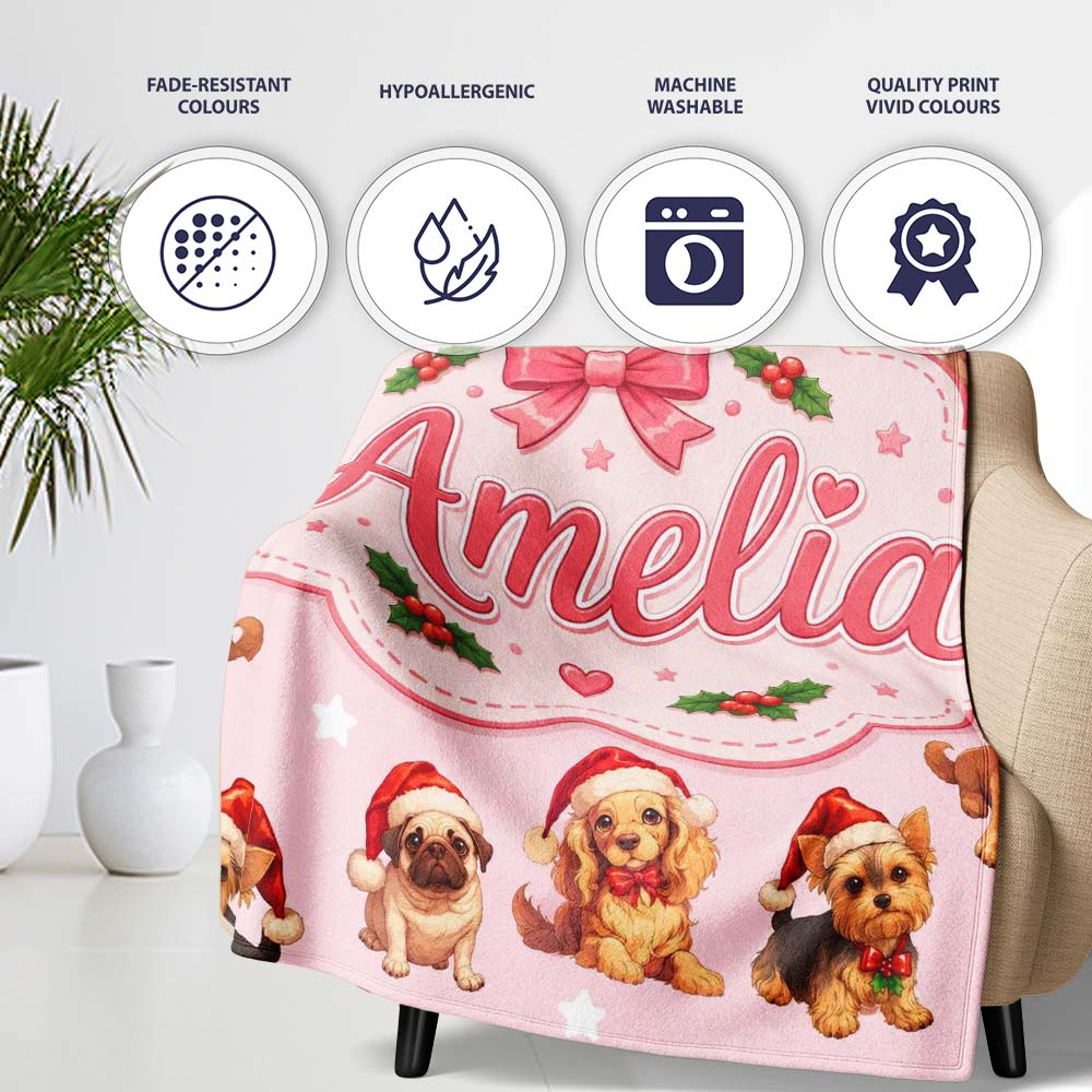 Christmas Puppies Santa Hat on Pastel Pink Star Background Seamless Personalised Custom Name Super Soft Fleece Blanket Bed Sofa Throw