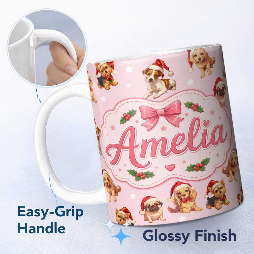 Personalized Custom Name Christmas Puppies Santa Hat on Pastel Pink Star Background Seamless 11oz Ceramic Coffee Tea Mug White Large Handle