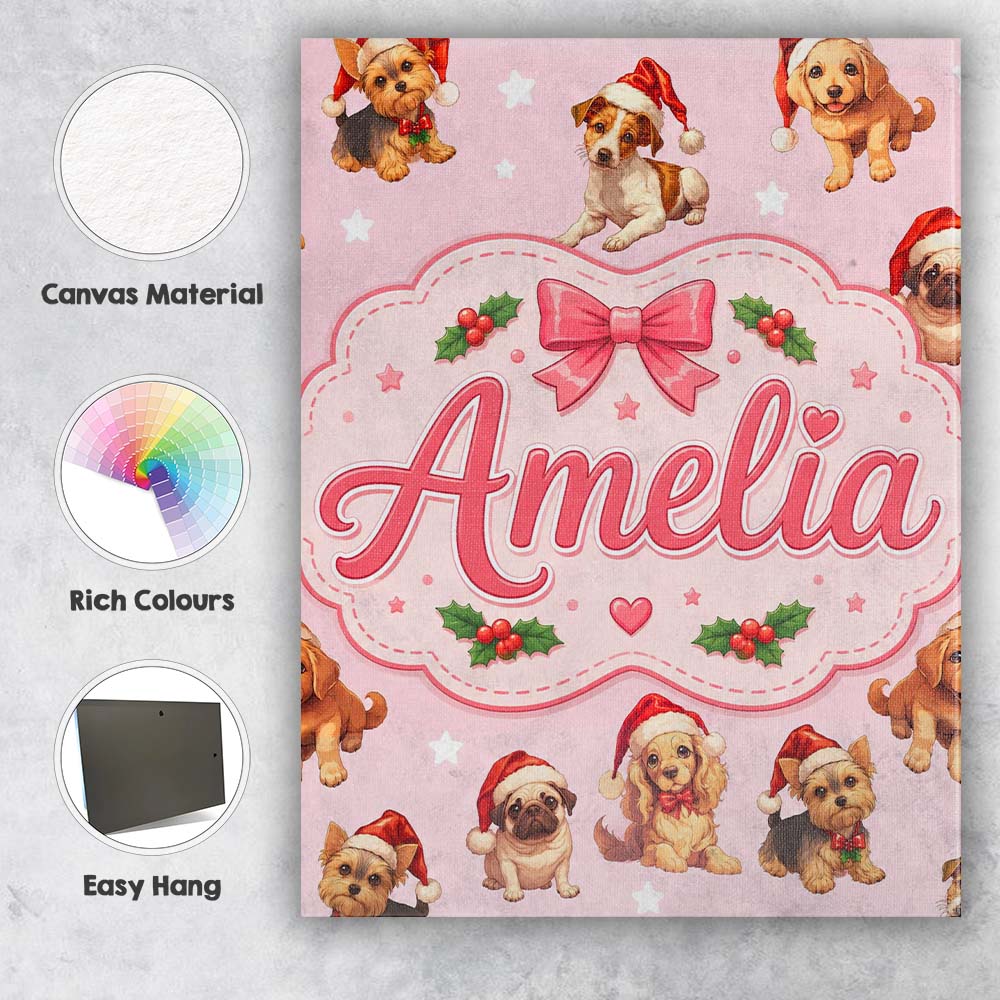 Personalised Name Christmas Puppies Santa Custom Unique Gift Idea Elegant Feature Canvas Wall Art Print Decor Picture Ready to Hang