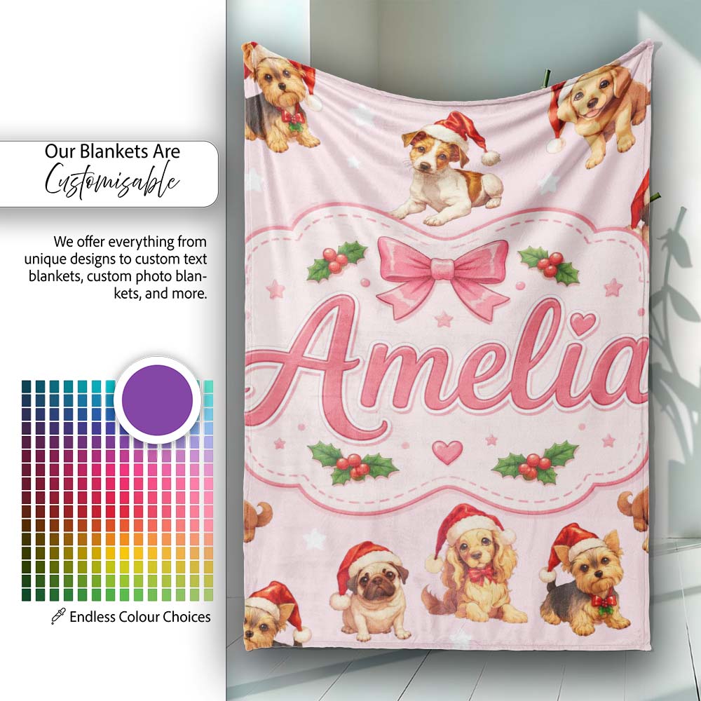 Christmas Puppies Santa Hat on Pastel Pink Star Background Seamless Personalised Custom Name Super Soft Fleece Blanket Bed Sofa Throw