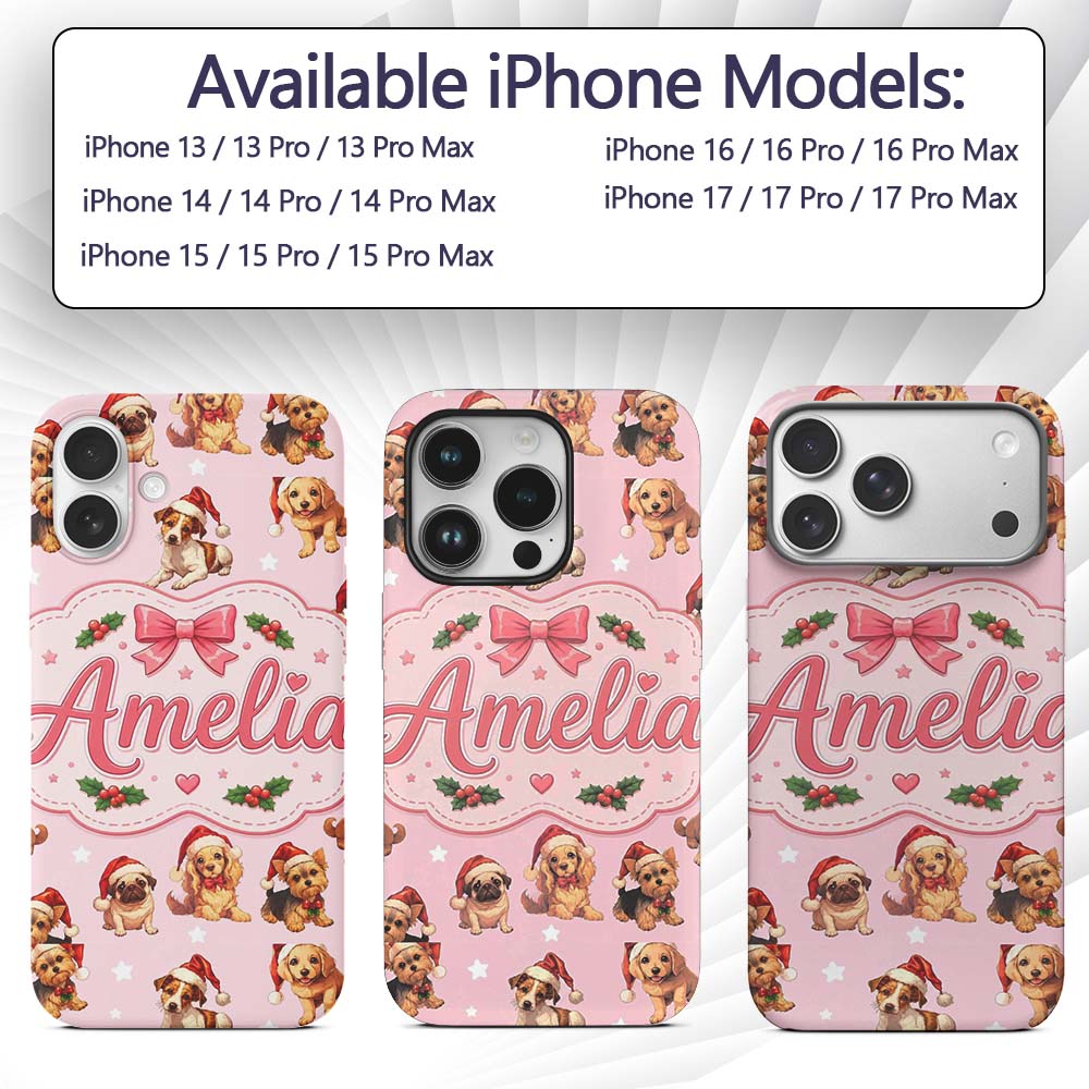Christmas Puppies Santa Hat on Pastel Pink Star Custom Name Protective Phone Case Mobile Cover Durable Everyday Smartphone Shock Resistant