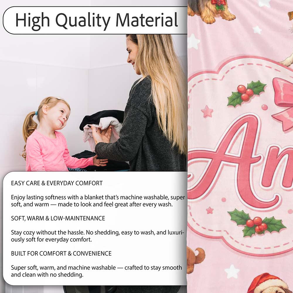 Christmas Puppies Santa Hat on Pastel Pink Star Background Seamless Personalised Custom Name Super Soft Fleece Blanket Bed Sofa Throw