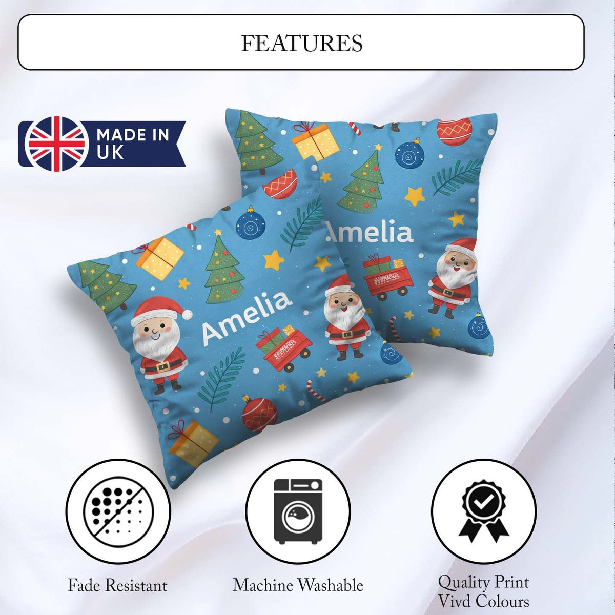 Custom Name Cute Santa Gifts Christmas Tree Blue Festive Pattern Square Filled Cushion Throw Pillow Sofa Bed Home Decor Zip Washable UK Made