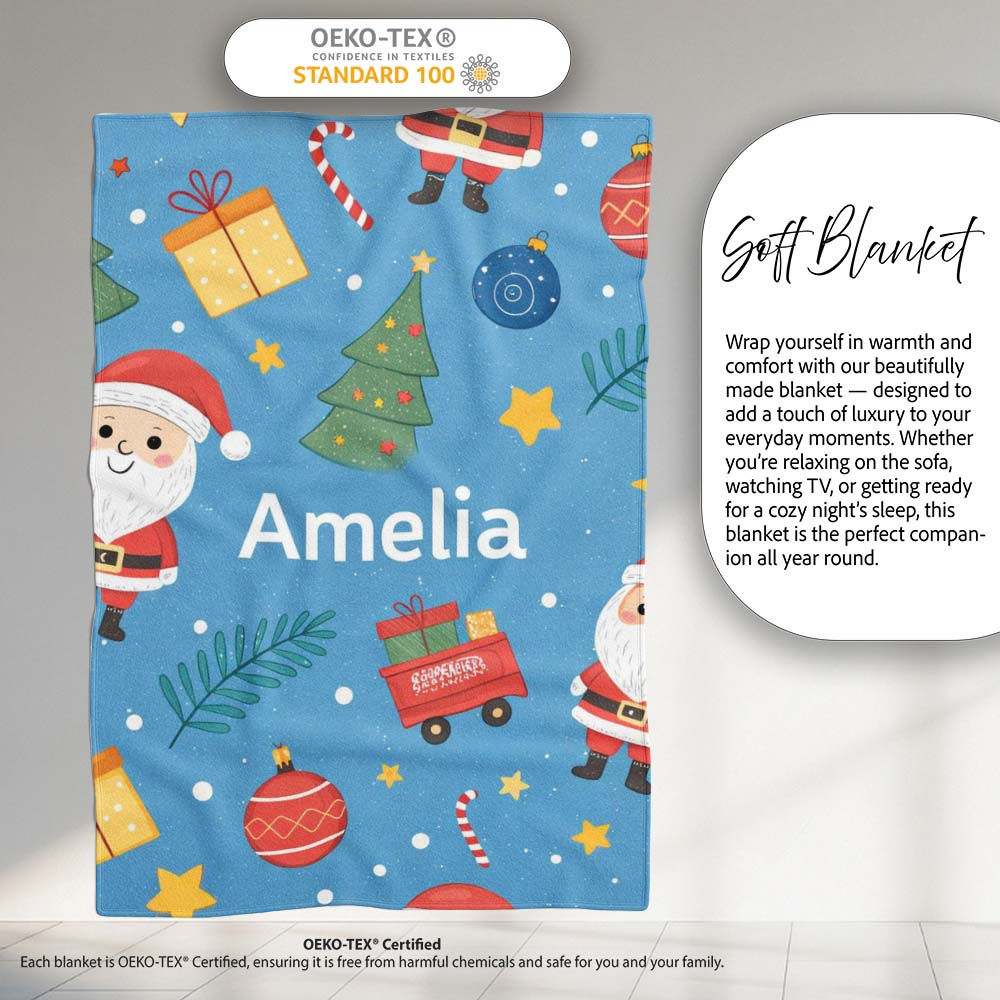 Cute Santa Gifts Christmas Tree Blue Festive Seamless Pattern Lovely Personalised Custom Name Super Soft Fleece Blanket Bed Sofa Throw