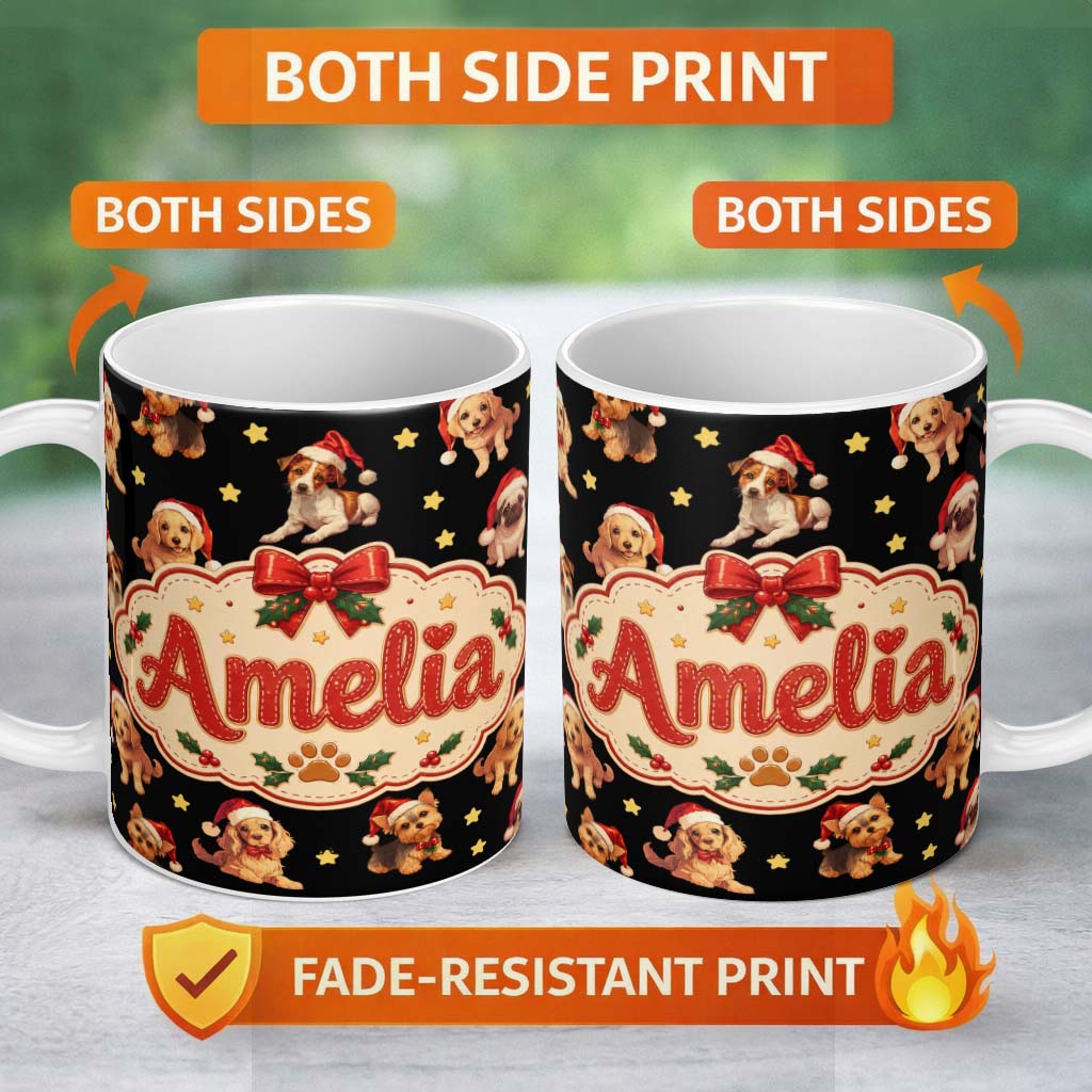 Personalized Custom Name Cute Christmas Puppies Santa Hat on Black Star Background Seamless 11oz Ceramic Coffee Tea Mug White Large Handle