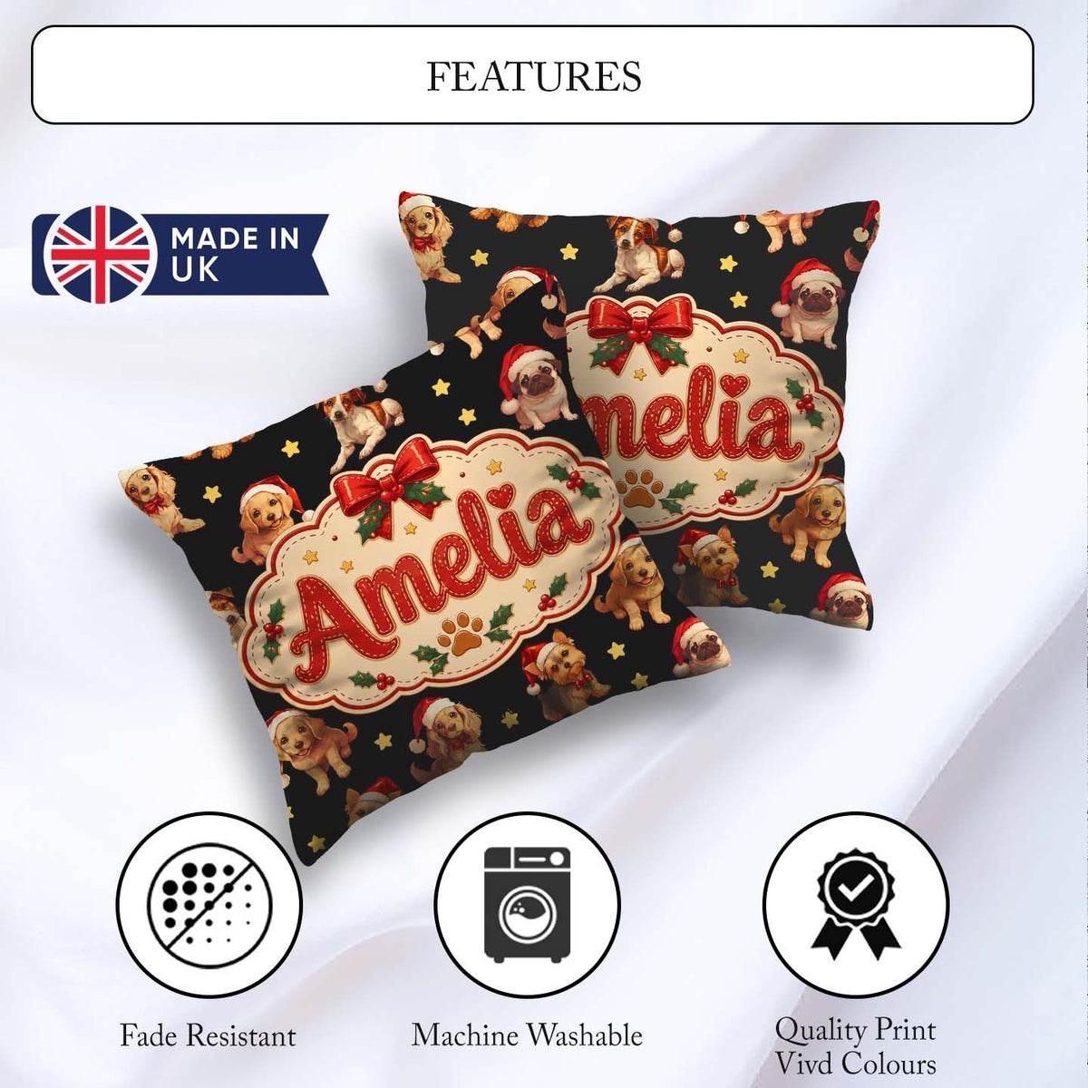 Custom Name Christmas Puppies Santa Hat on Black Star Background Square Filled Cushion Throw Pillow Sofa Bed Home Decor Zip Washable UK Made