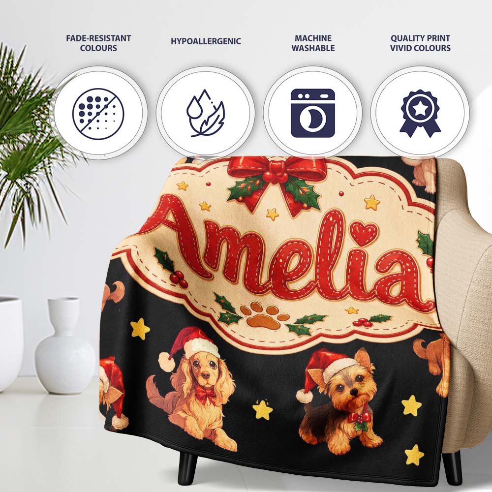 Cute Christmas Puppies Santa Hat on Black Star Background Seamless Personalised Custom Name Super Soft Fleece Blanket Bed Sofa Throw