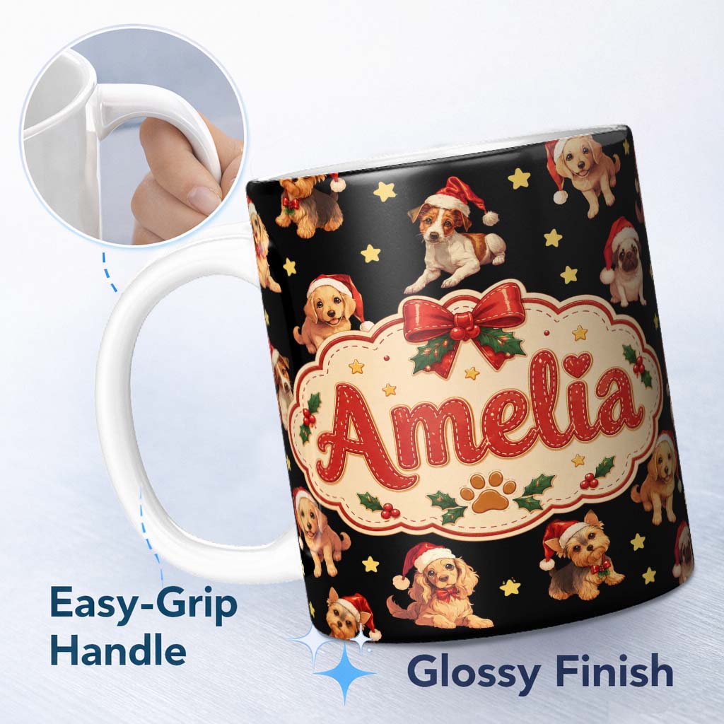 Personalized Custom Name Cute Christmas Puppies Santa Hat on Black Star Background Seamless 11oz Ceramic Coffee Tea Mug White Large Handle