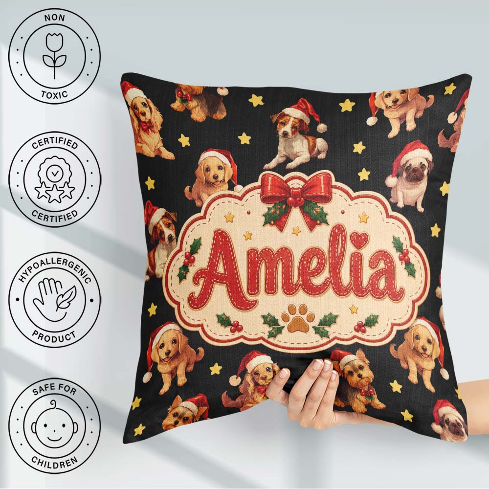 Custom Name Christmas Puppies Santa Hat on Black Star Background Square Filled Cushion Throw Pillow Sofa Bed Home Decor Zip Washable UK Made