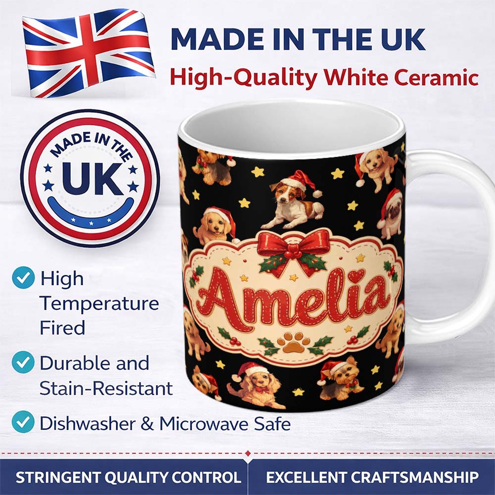 Personalized Custom Name Cute Christmas Puppies Santa Hat on Black Star Background Seamless 11oz Ceramic Coffee Tea Mug White Large Handle