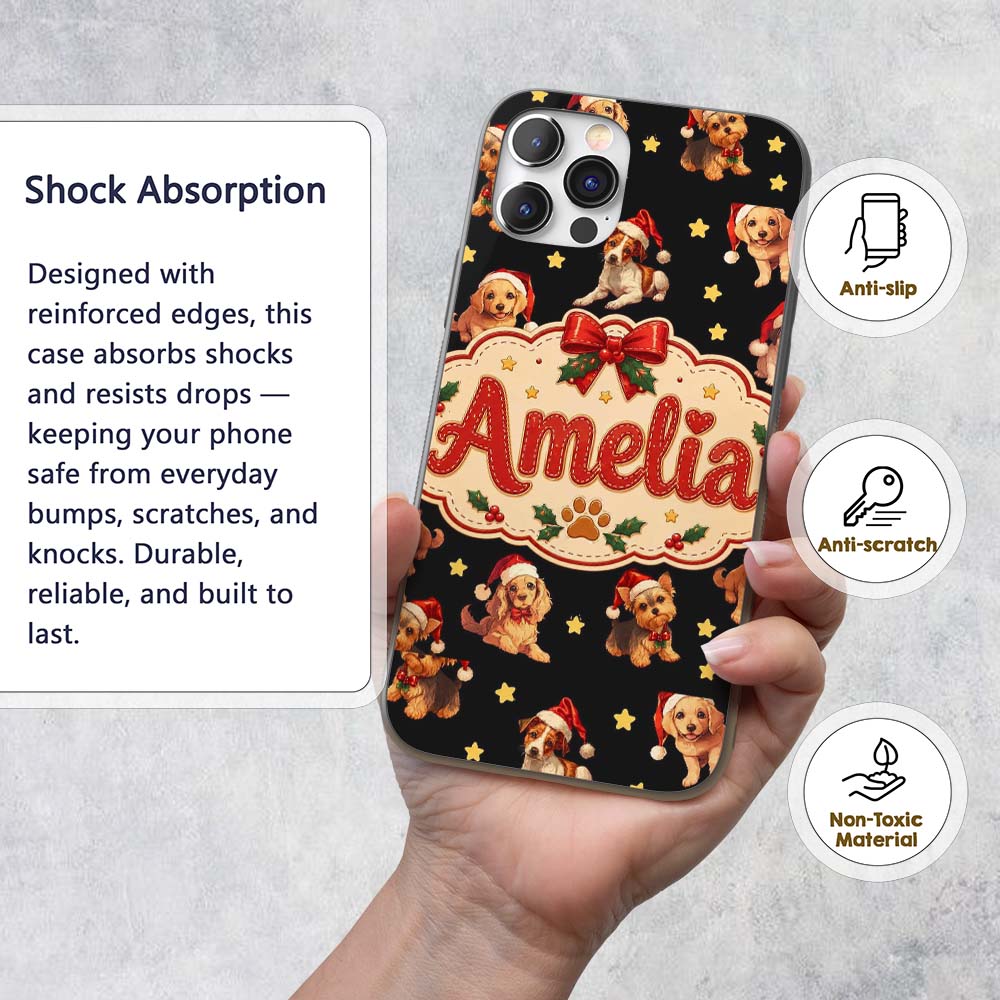 Cute Christmas Puppies Santa Hat on Black Star Custom Name Protective Phone Case Mobile Cover Durable Everyday Smartphone Shock Resistant