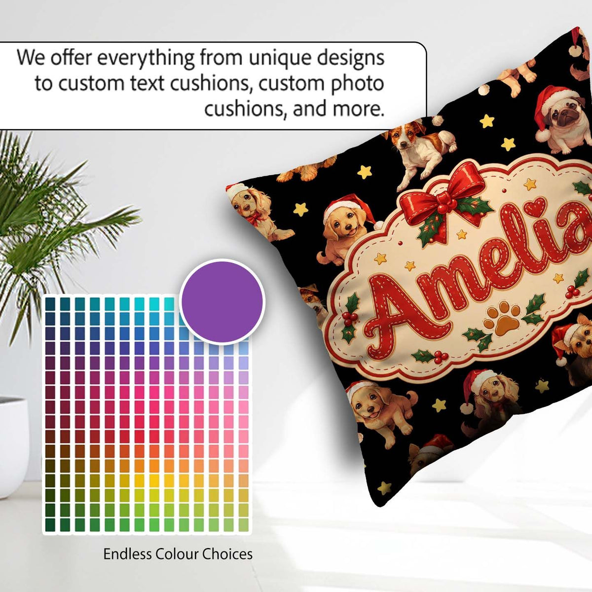 Custom Name Christmas Puppies Santa Hat on Black Star Background Square Filled Cushion Throw Pillow Sofa Bed Home Decor Zip Washable UK Made