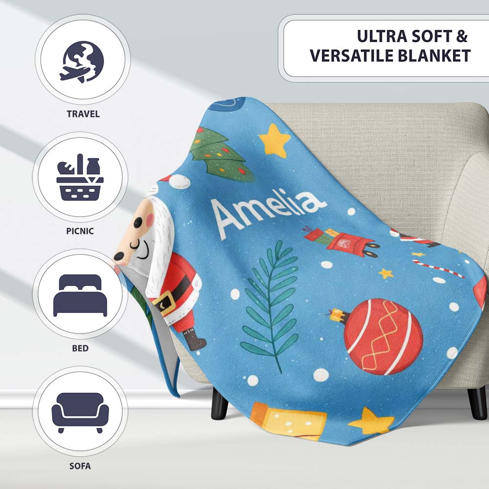 Cute Santa Gifts Christmas Tree Blue Festive Seamless Pattern Lovely Personalised Custom Name Super Soft Fleece Blanket Bed Sofa Throw
