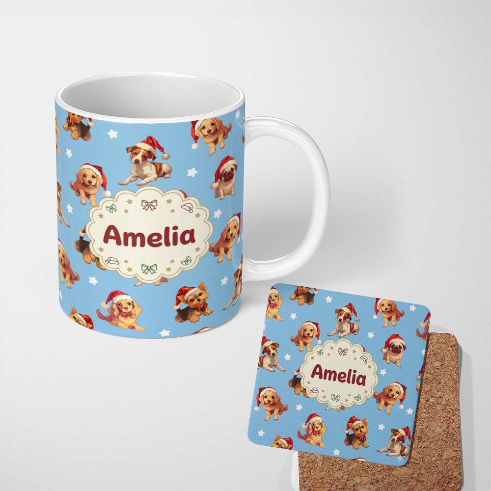 Personalized Custom Name Cute Christmas Puppies Santa Hat on Sky Blue Star Background 11oz Ceramic Coffee Tea Mug White Large Handle