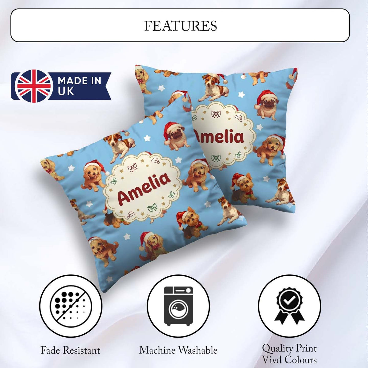Custom Name Cute Christmas Santa Hat on Sky Blue Star Background Square Filled Cushion Throw Pillow Sofa Bed Home Decor Zip Washable UK Made