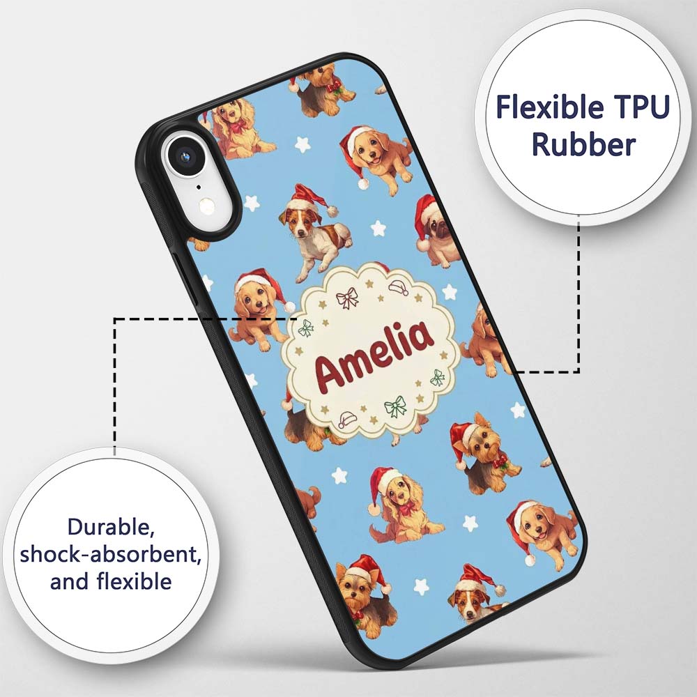 Cute Christmas Puppies Santa Hat on Sky Blue Star Custom Name Protective Phone Case Mobile Cover Durable Everyday Smartphone Shock Resistant