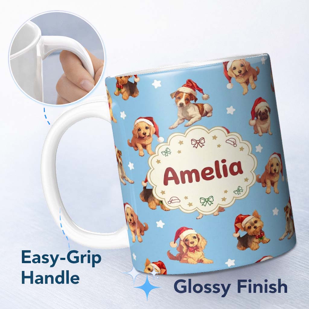 Personalized Custom Name Cute Christmas Puppies Santa Hat on Sky Blue Star Background 11oz Ceramic Coffee Tea Mug White Large Handle