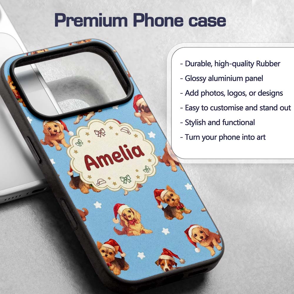 Cute Christmas Puppies Santa Hat on Sky Blue Star Custom Name Protective Phone Case Mobile Cover Durable Everyday Smartphone Shock Resistant
