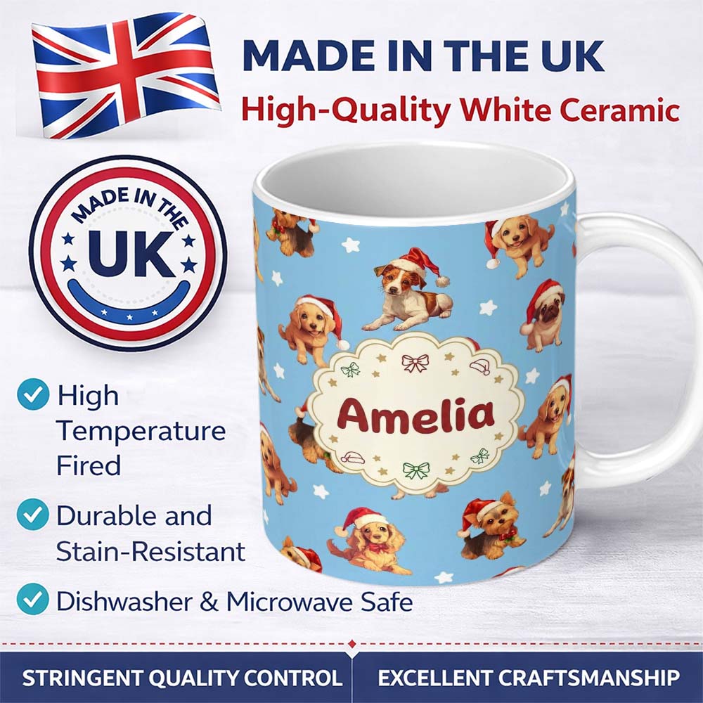 Personalized Custom Name Cute Christmas Puppies Santa Hat on Sky Blue Star Background 11oz Ceramic Coffee Tea Mug White Large Handle